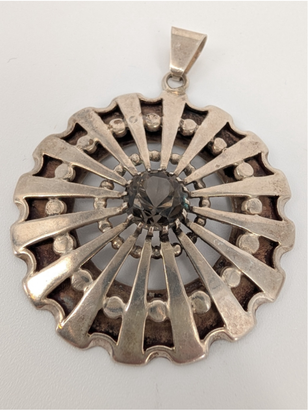 Vintage Mexico Sterling Silver Smoky Quartz Sunburst Pendant Eagle 3 CR 19.2g